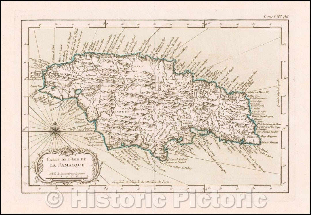 Historic Map - Carte De L'Isle De La Jamaique/Map of the Island of Jamaica, at the conclusion of the Seven Years War, 1764, Jacques Nicolas Bellin - Vintage Wall Art