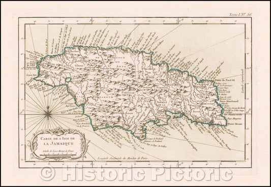 Historic Map - Carte De L'Isle De La Jamaique/Map of the Island of Jamaica, at the conclusion of the Seven Years War, 1764, Jacques Nicolas Bellin - Vintage Wall Art