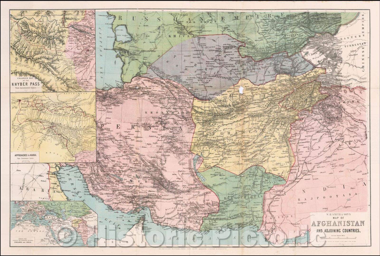 Historic Map - W.H. Smith & Son's Map of Afghanistan and Adjoining Countries, 1878, W. H. Smith & Son. - Vintage Wall Art