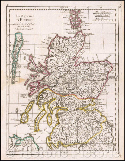 Historic Map - Le Royaume d'Ecosse/Map of Scotland, showing towns, rivers, lakes, islands, bays, 1748, Georges Louis Le Rouge - Vintage Wall Art