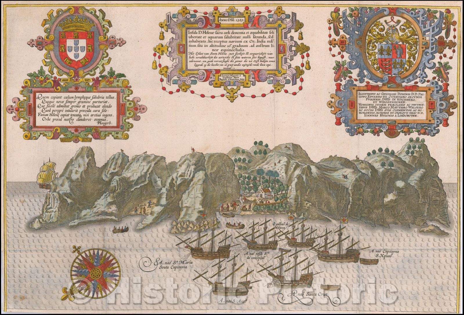 Historic Map - Insula D. Helenae Sacra Coeli Clementia et Aequabilitate, 1596, Jan Huygen Van Linschoten - Vintage Wall Art