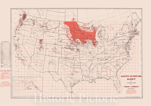 Historic Map - Martin Ulvestads Kart Over De Forenede Stater og :: Norwegian-language folding Map, United States on one side and a of the Upper Midwest, 1901 - Vintage Wall Art