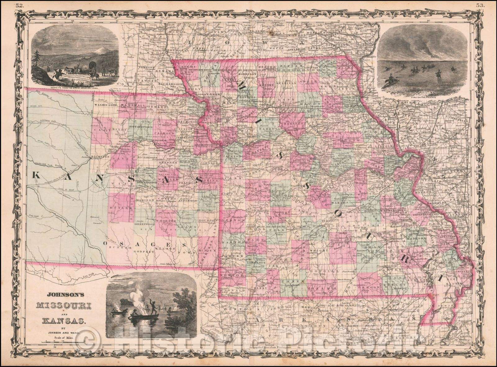 Historic Map - Johnson's Missouri and Kansas, 1863, Benjamin P Ward v2