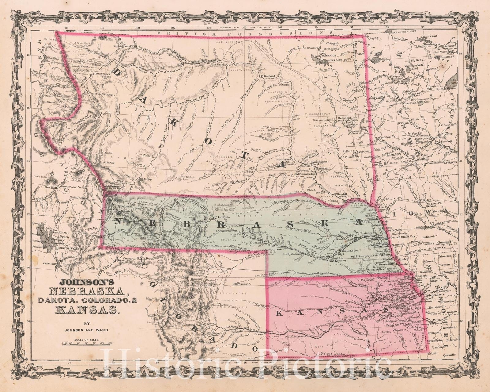 Historic Map - Johnson's Nebraska, Dakota, Colorado & Kansas, 1861, Benjamin P Ward v2