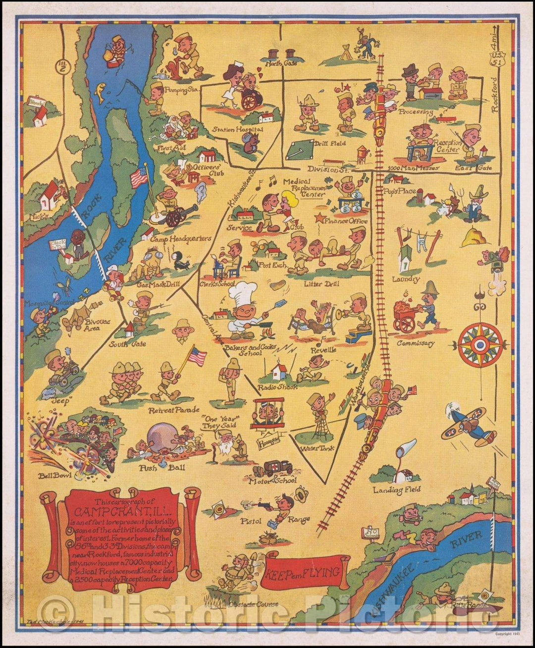 Historic Map - Camp Grant, Ill. is an effort to present pictorially some of the activities and places of interest. Former home of the 86th and 33, 1941 - Vintage Wall Art