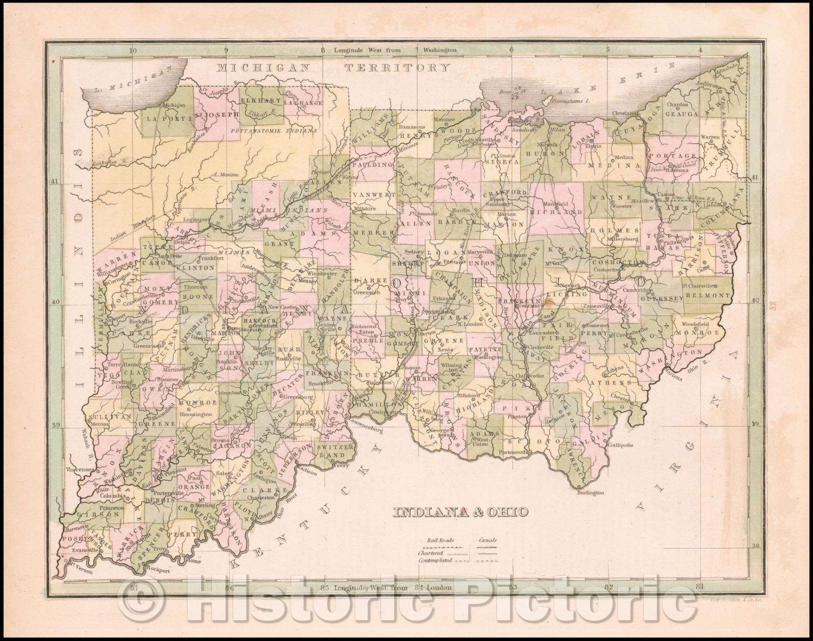 Historic Map - Indiana & Ohio, 1835, Thomas Gamaliel Bradford - Vintage Wall Art