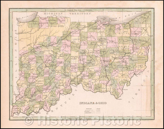 Historic Map - Indiana & Ohio, 1835, Thomas Gamaliel Bradford - Vintage Wall Art