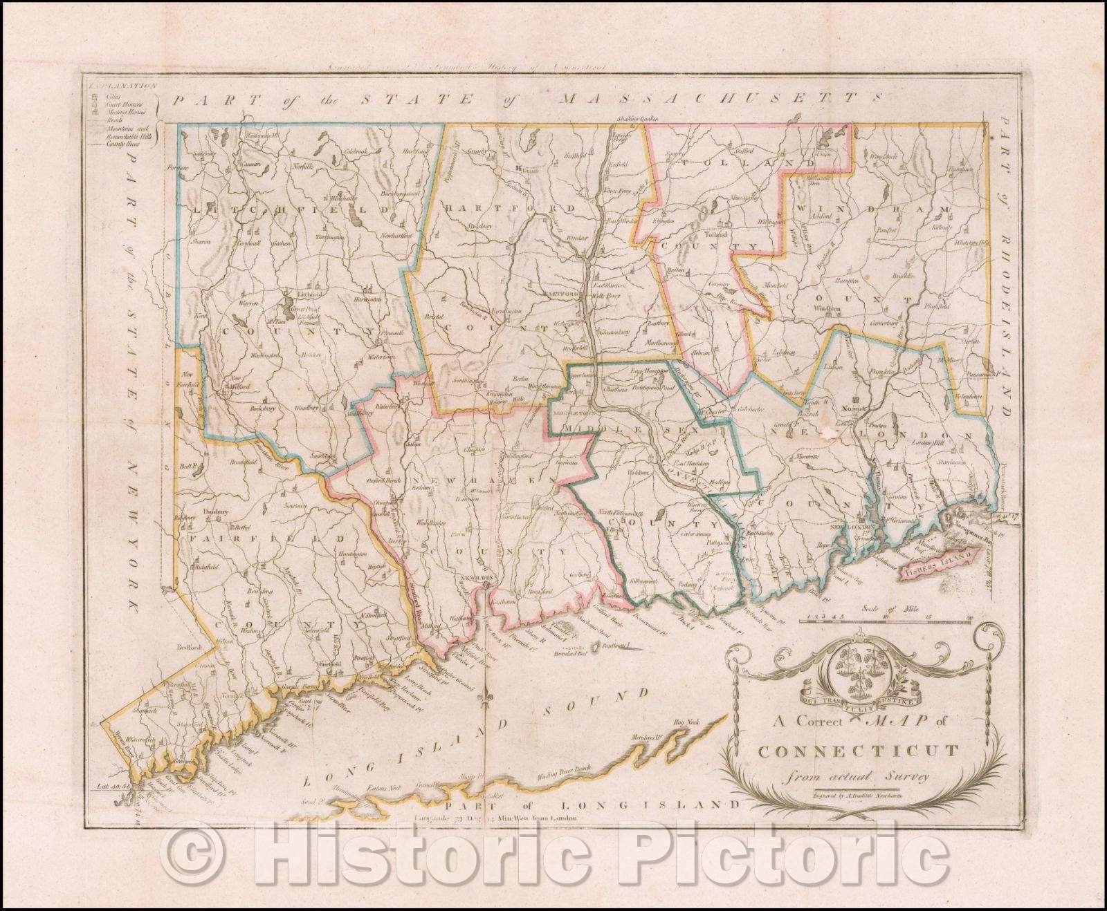Historic Map - A Correct Map of Connecticut from Actual Survey. Engraved, 1797, Amos Doolittle - Vintage Wall Art