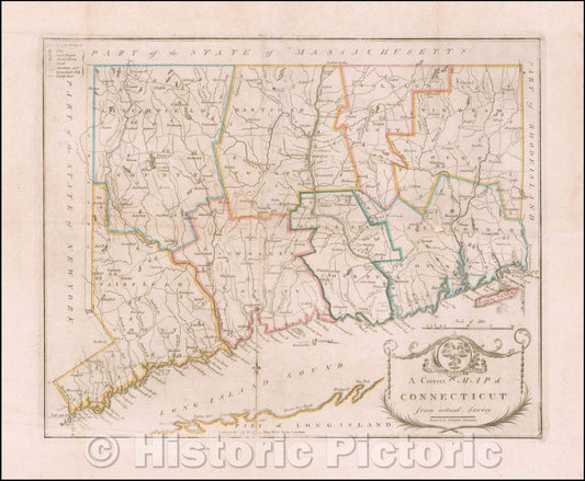 Historic Map - A Correct Map of Connecticut from Actual Survey. Engraved, 1797, Amos Doolittle - Vintage Wall Art