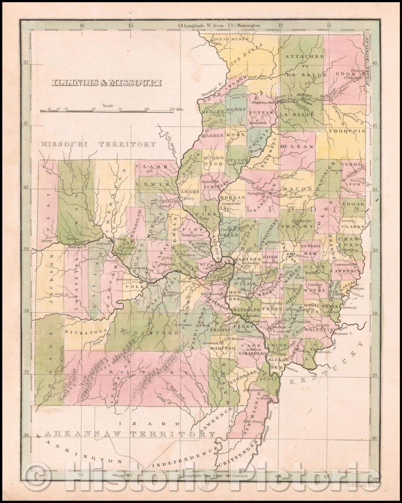 Historic Map - Illinois & Missouri, 1835, Thomas Gamaliel Bradford - Vintage Wall Art