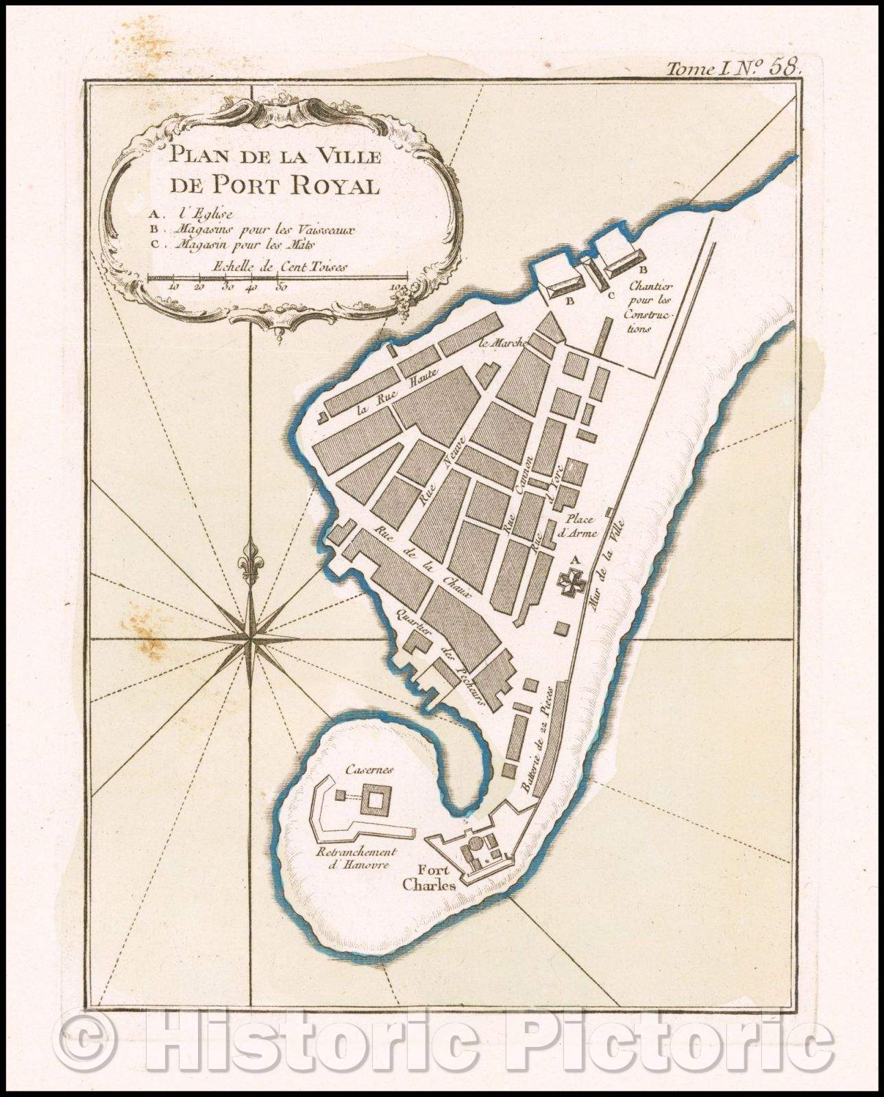 Historic Map - Plan de la Ville de Port Royal/Plan of the City of Port Royal, 1764, Jacques Nicolas Bellin - Vintage Wall Art