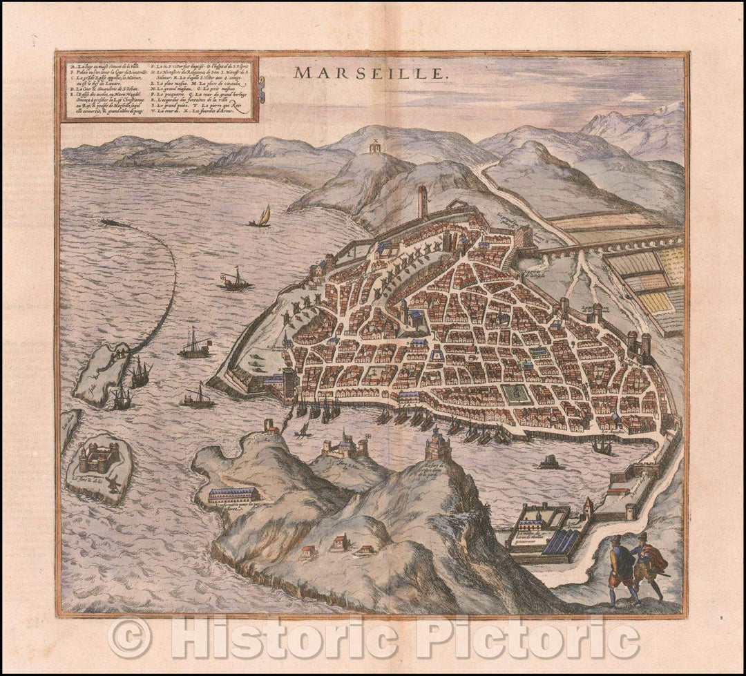 Historic Map - Marseille, France, 1575, Georg Braun - Vintage Wall Art