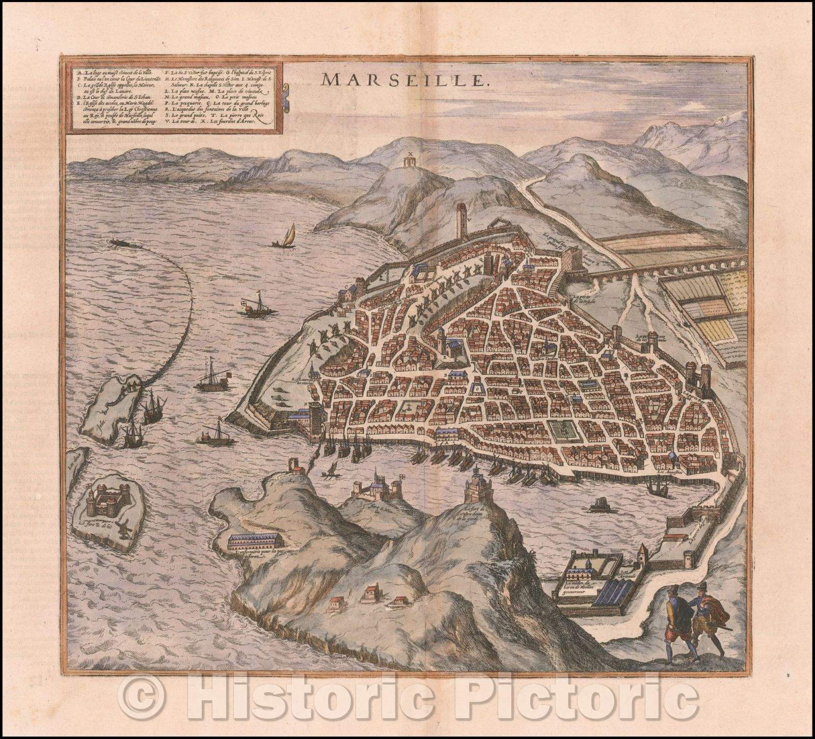 Historic Map - Marseille, France, 1575, Georg Braun - Vintage Wall Art