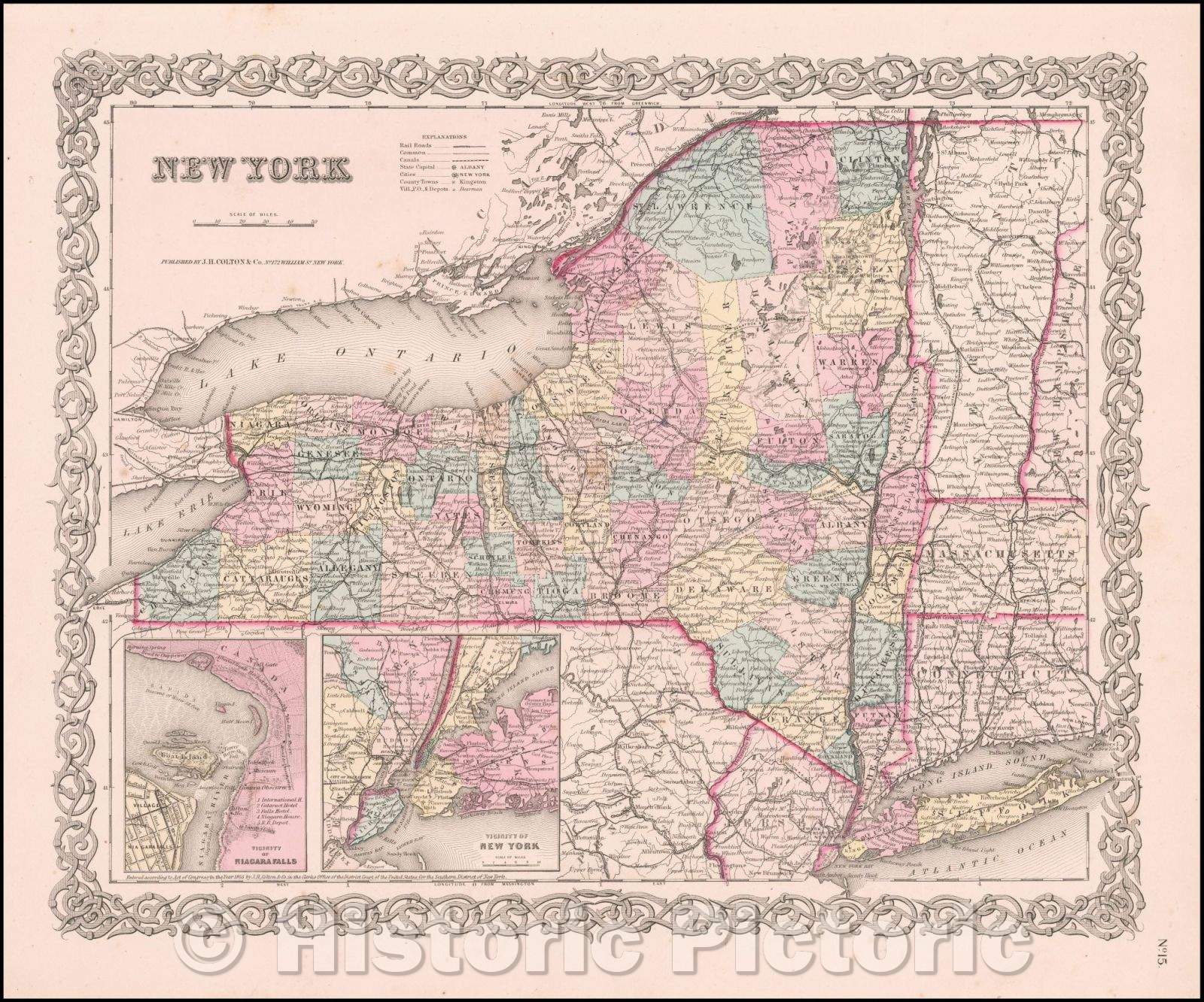 Historic Map - New York, 1855, Joseph Hutchins Colton - Vintage Wall Art