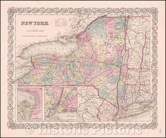 Historic Map - New York, 1855, Joseph Hutchins Colton - Vintage Wall Art