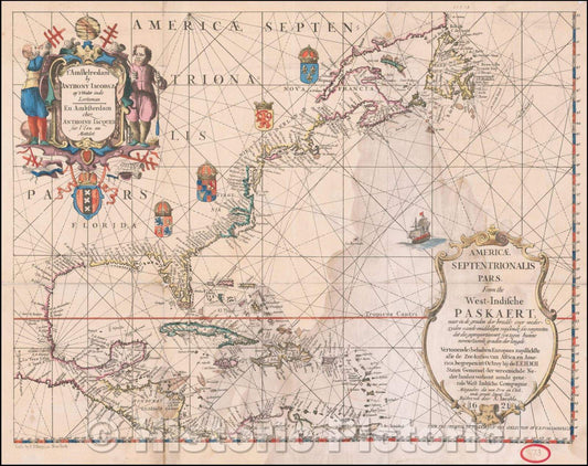 Historic Map - Americae Septentrionalis Pars. From the West Indische Paskaert, 1621, Anthonie (Theunis) Jacobsz - Vintage Wall Art