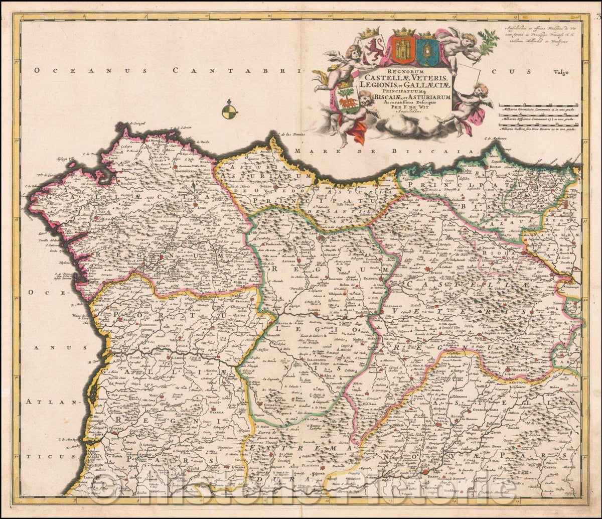 Historic Map - Regnorum Castellae, Veteris, Legionis, et Gallaeciae Principatumque Biscaiae, et Asturiarum Accuratissima/Map of Northern Spain, 1680 - Vintage Wall Art