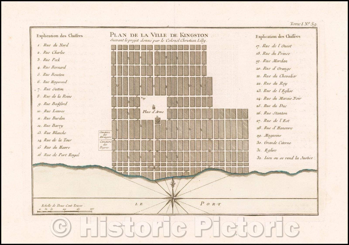 Historic Map - Plan de la Ville de Kingston Suivant le projet donne par le Colonel Christian Lilly/Original color example of this Plan of Kingston, 1764 - Vintage Wall Art