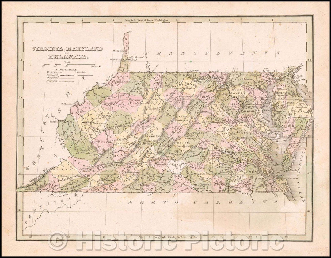 Historic Map - Virginia, Maryland and Delaware, 1835, Thomas Gamaliel Bradford - Vintage Wall Art