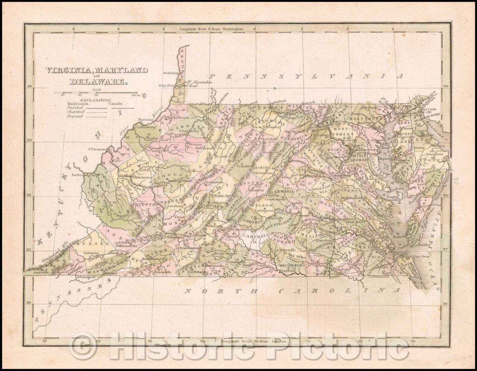 Historic Map - Virginia, Maryland and Delaware, 1835, Thomas Gamaliel Bradford - Vintage Wall Art