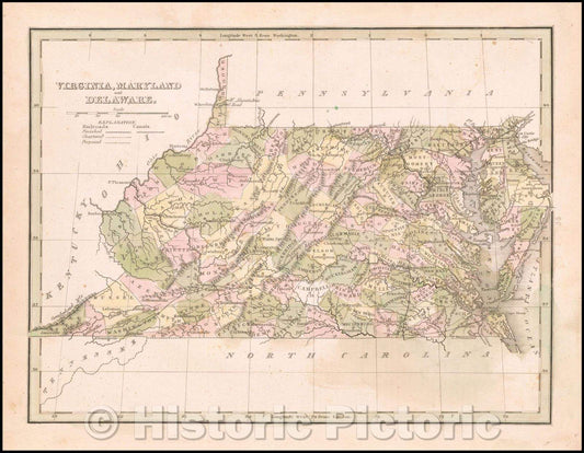 Historic Map - Virginia, Maryland and Delaware, 1835, Thomas Gamaliel Bradford - Vintage Wall Art