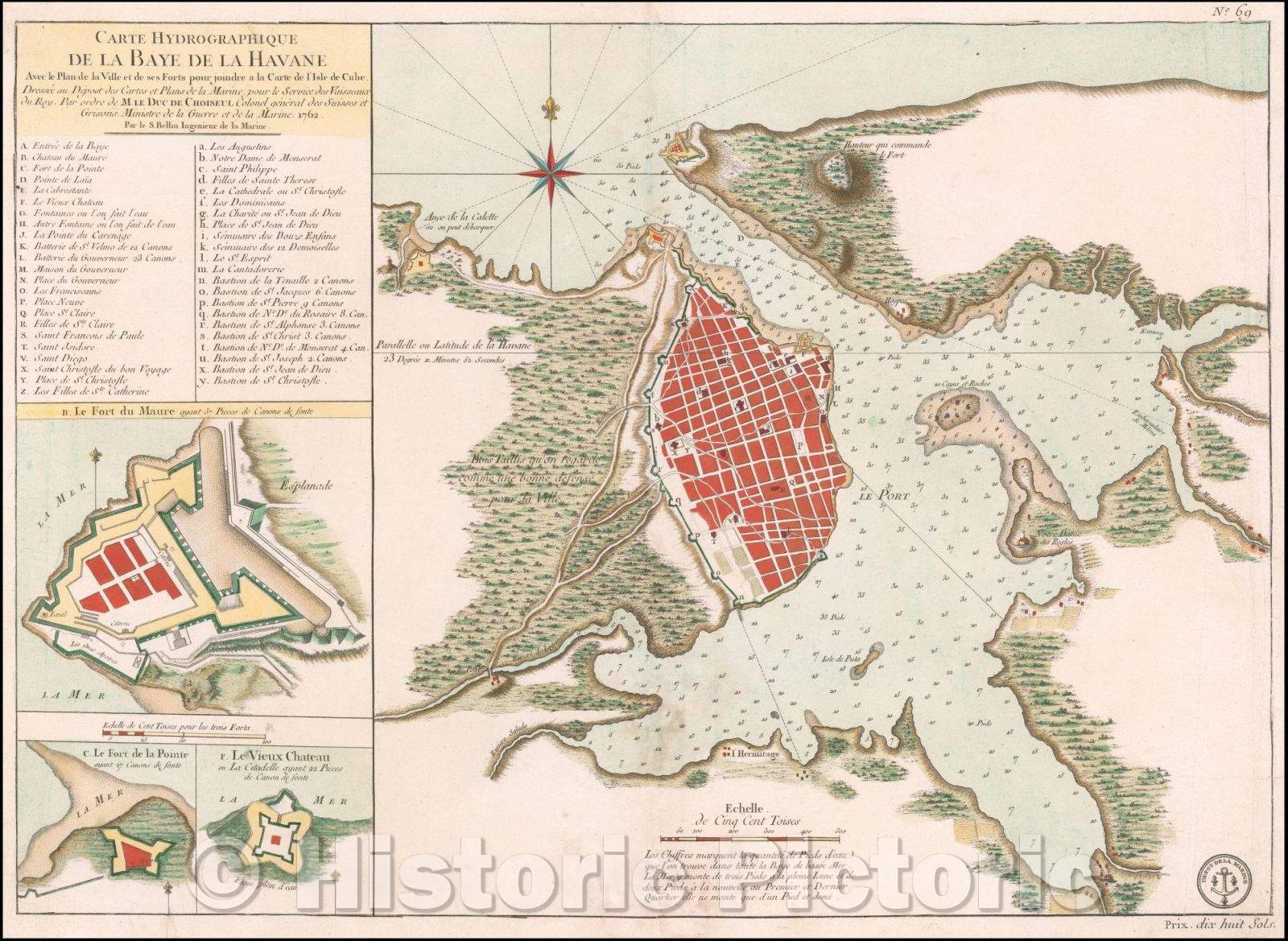 Historic Map - Carte Hydrographique De La Baye De La Havane Avec le Plan :: Hydrographic De La Baye From Havana With the Plan for the City and its, 1762 - Vintage Wall Art