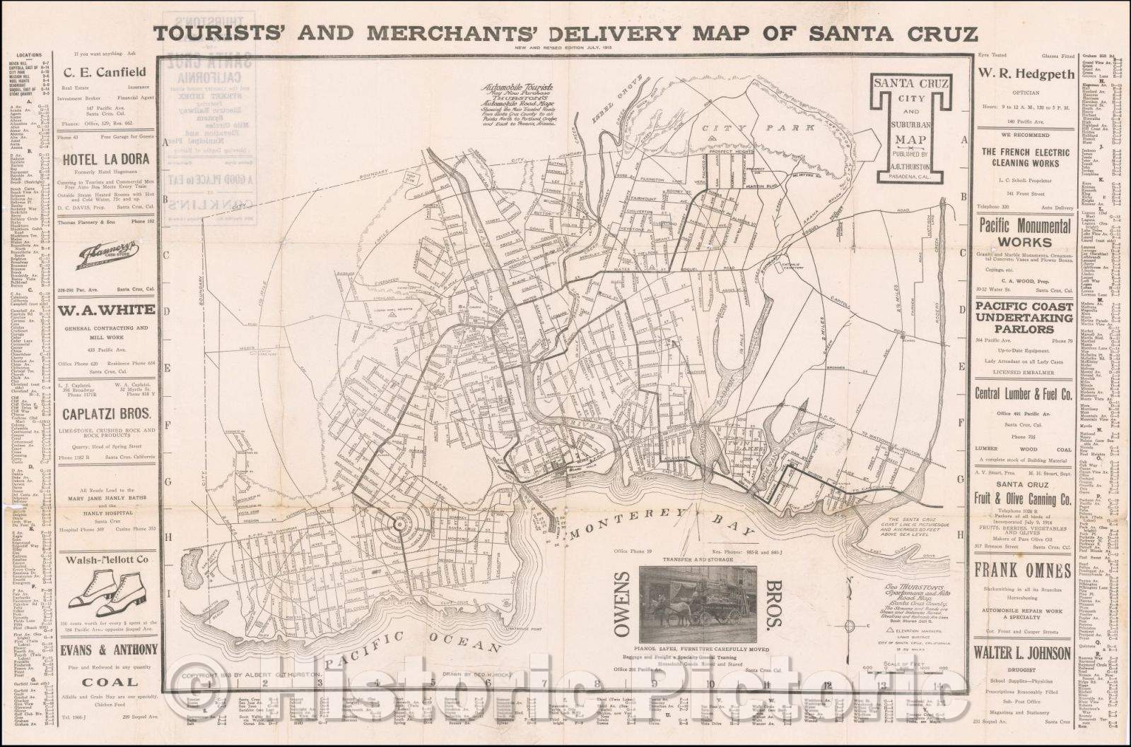 Historic Map - Tourists' and Merchants' Delivery Map of Santa Cruz, 1913, Albert G. Thurston - Vintage Wall Art