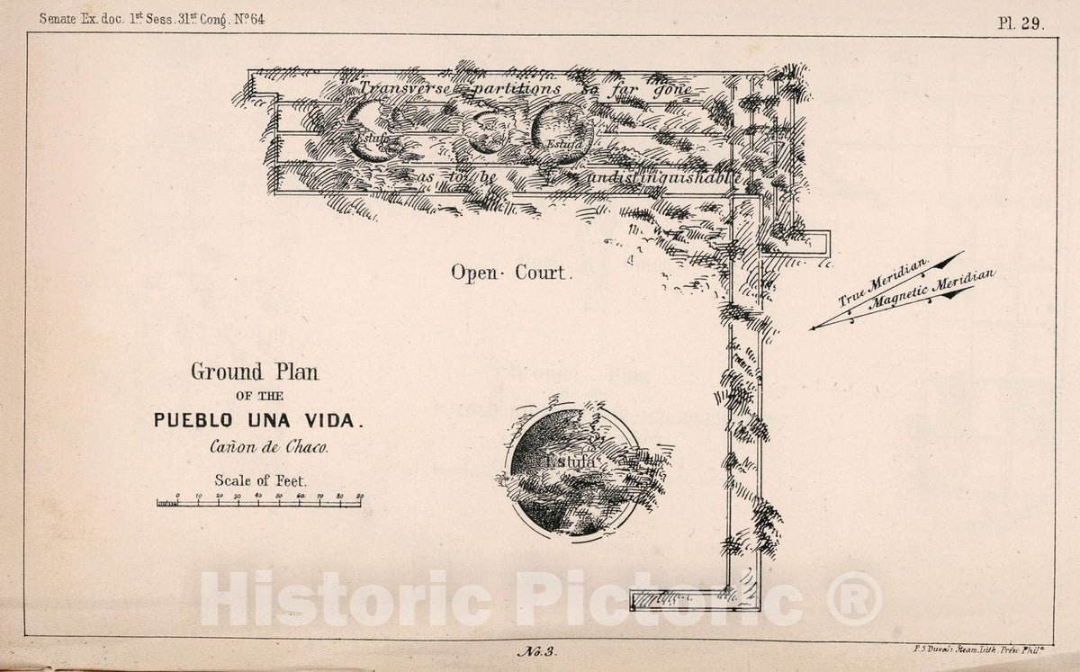 Historic Map : Ground plan of the Publo Una Vida. Canon of Chaco. No. 3, 1850, Vintage Wall Decor