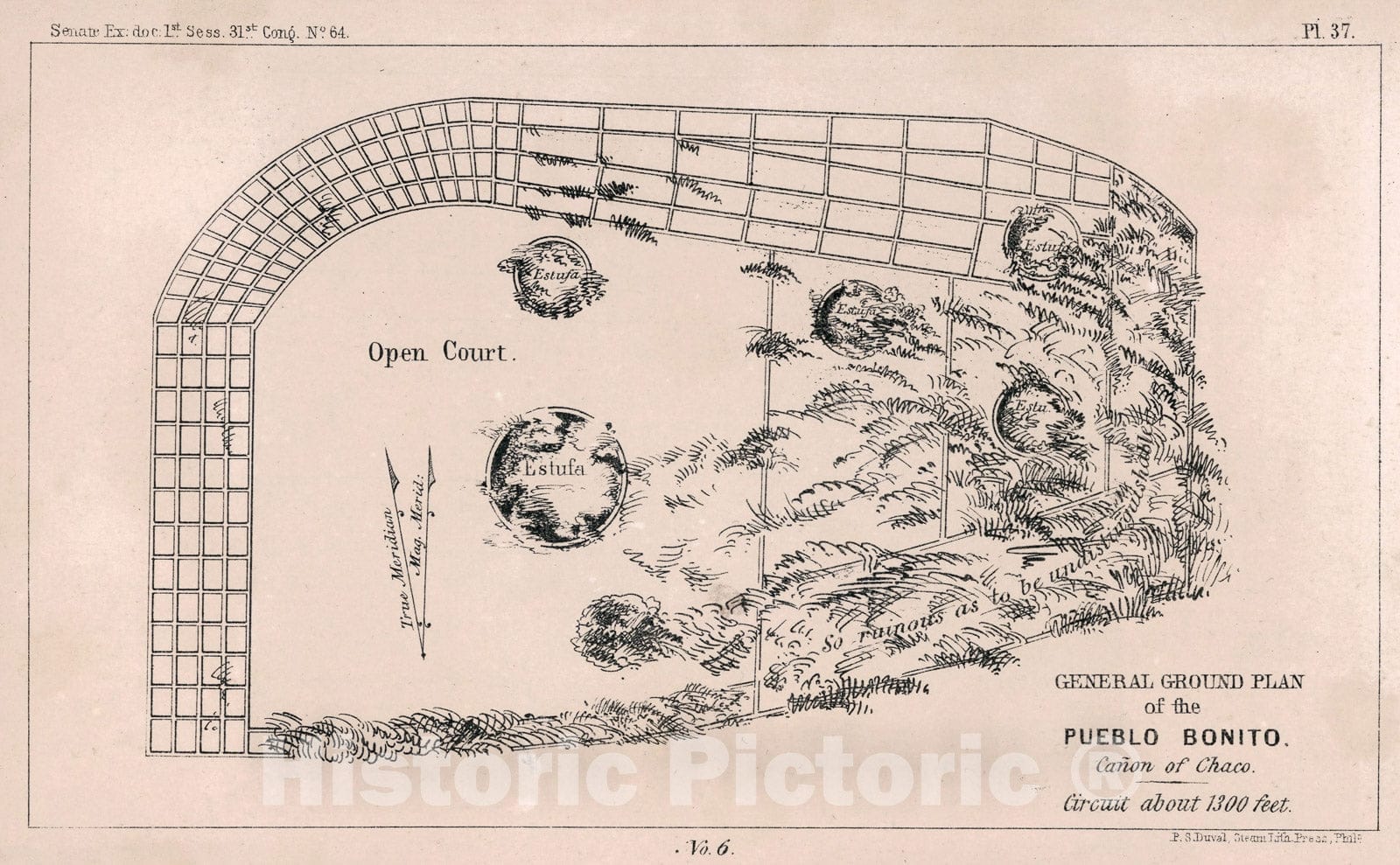 Historic Map : General ground plan of the Pueblo Bonito. Canon of Chaco. No. 6, 1850, Vintage Wall Decor