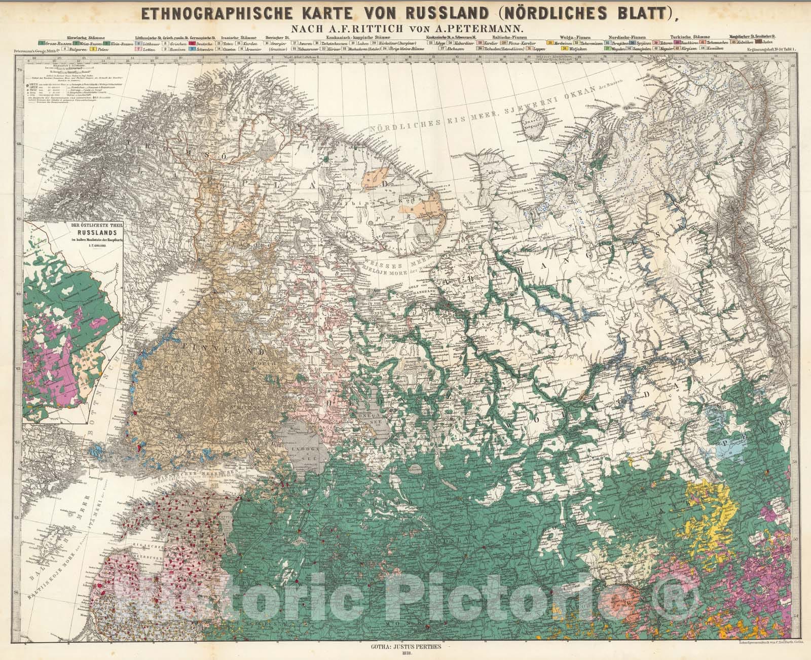 Historic Map : Ethnographische Karte von Russland (Nordliches Blatt), 1878, Vintage Wall Decor