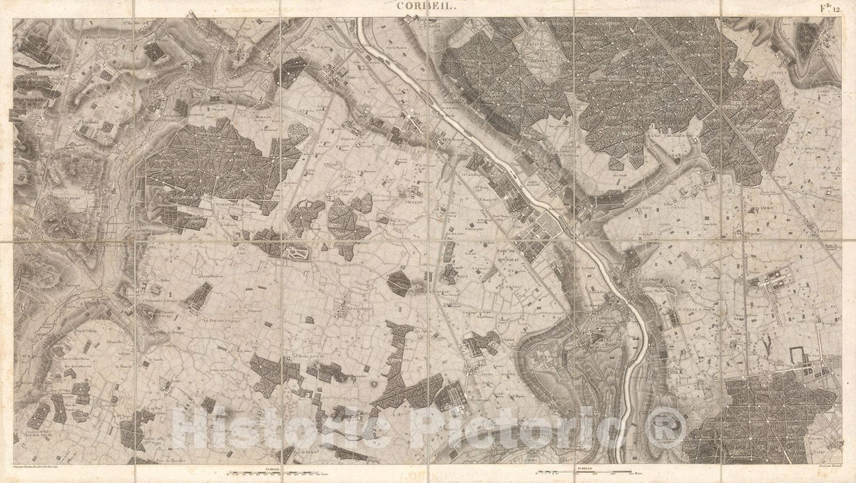 Historic Map : Sheet 12. Corbeil. Carte topographique des environs de Versailles, dite des Chasses imp?riales., 1807, Vintage Wall Decor