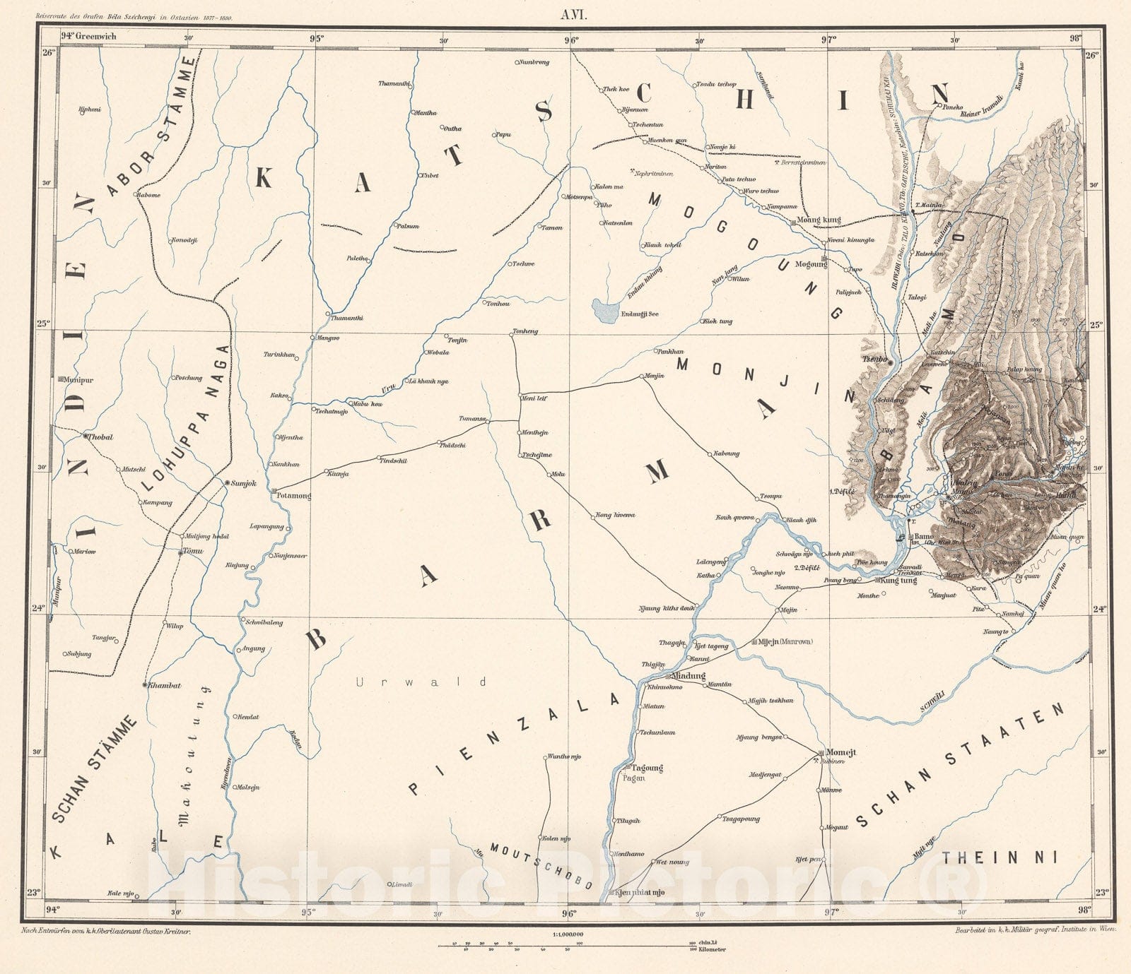 Historic Map : A. VI: geographical map. Barma; Katschin, 1884, Vintage Wall Decor