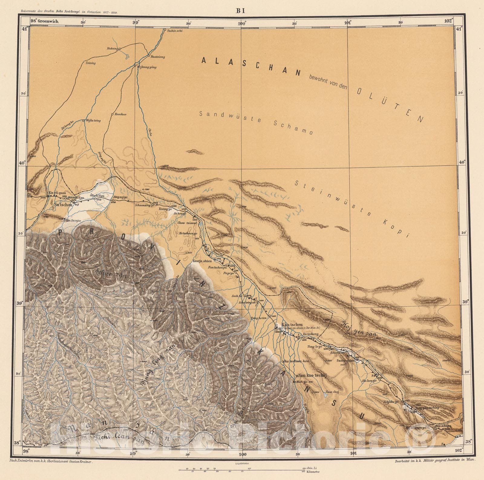Historic Map : B. I: Geographical map. Provinz Kansu, 1884, Vintage Wall Decor