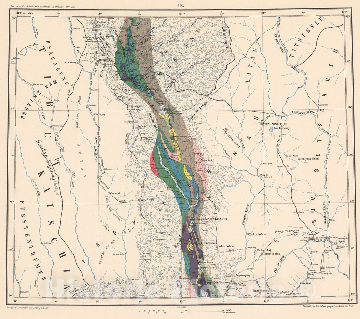 Historic Map : B. V: Geologcial map. Prov. Yunnan, 1884, Vintage Wall Decor