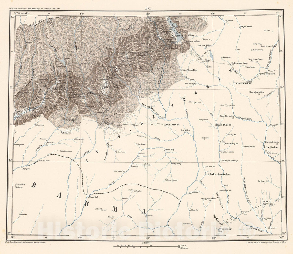 Historic Map : B. VI: Geographical map. Provinz Yunnan, 1884, Vintage Wall Decor