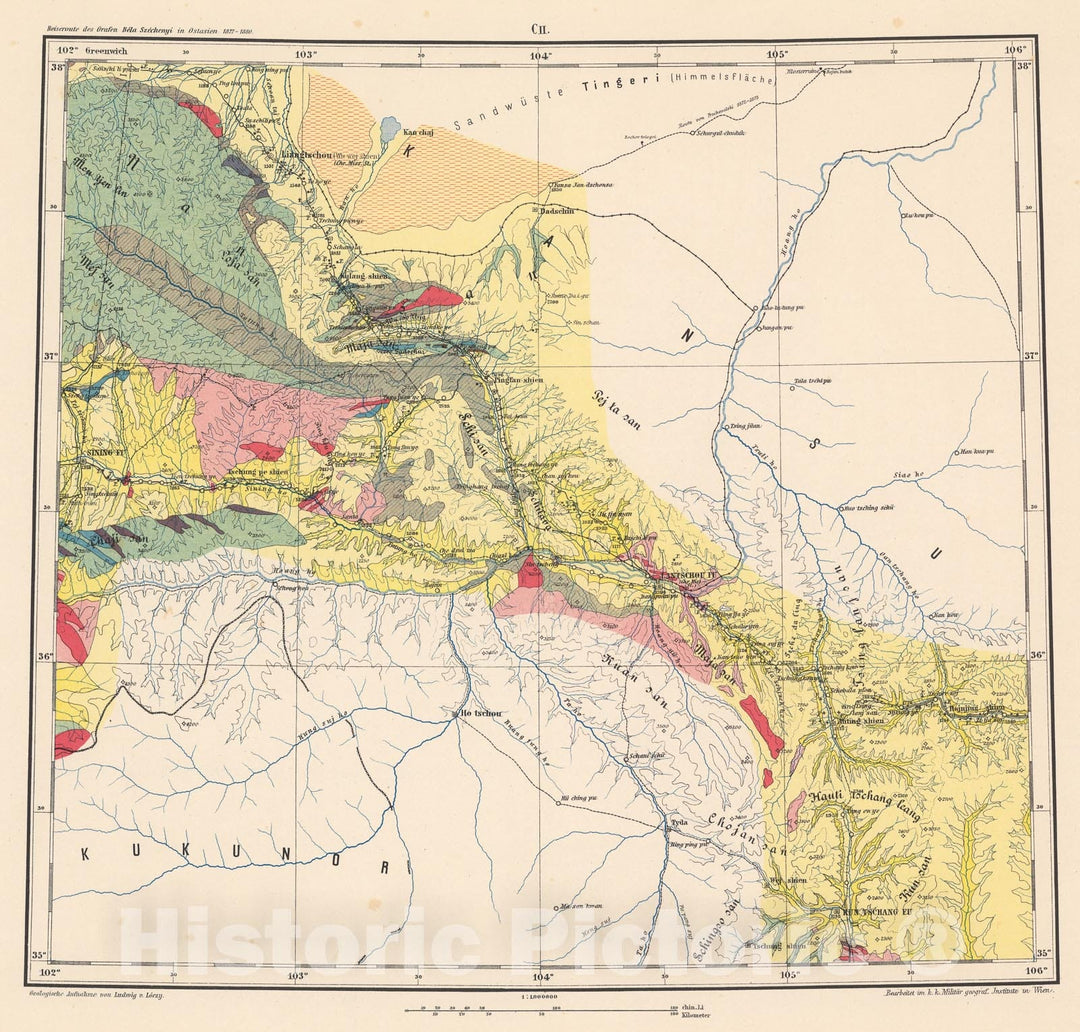 Historic Map : C.II. Geological map. Kansu, 1884, Vintage Wall Decor