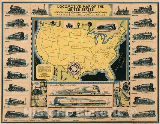 Historic Map : Locomotive map of the United States, 1935, Vintage Wall Decor