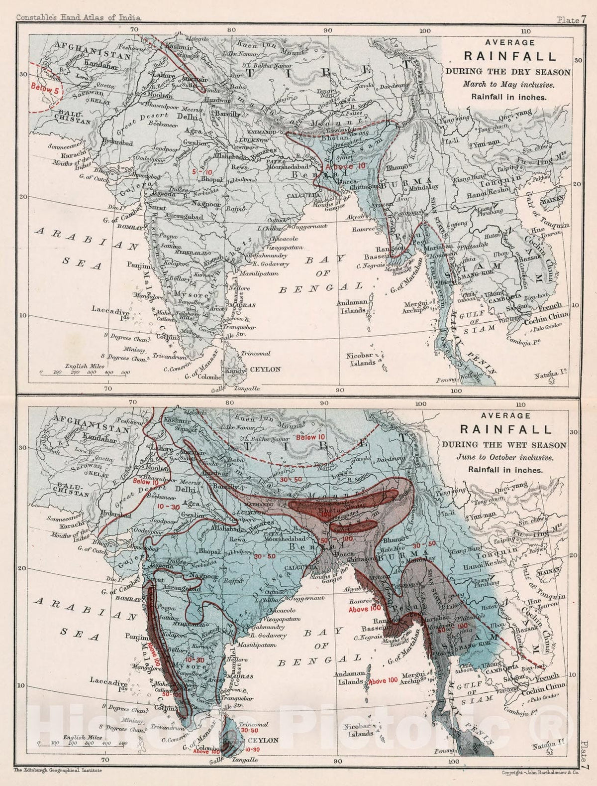 Historic Map : Average rainfall during the dry season. Average rainfall during the wet season, 1893, Vintage Wall Decor