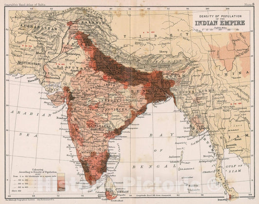 Historic Map : Density of population of the Indian Empire. Plate 8, 1893, Vintage Wall Decor