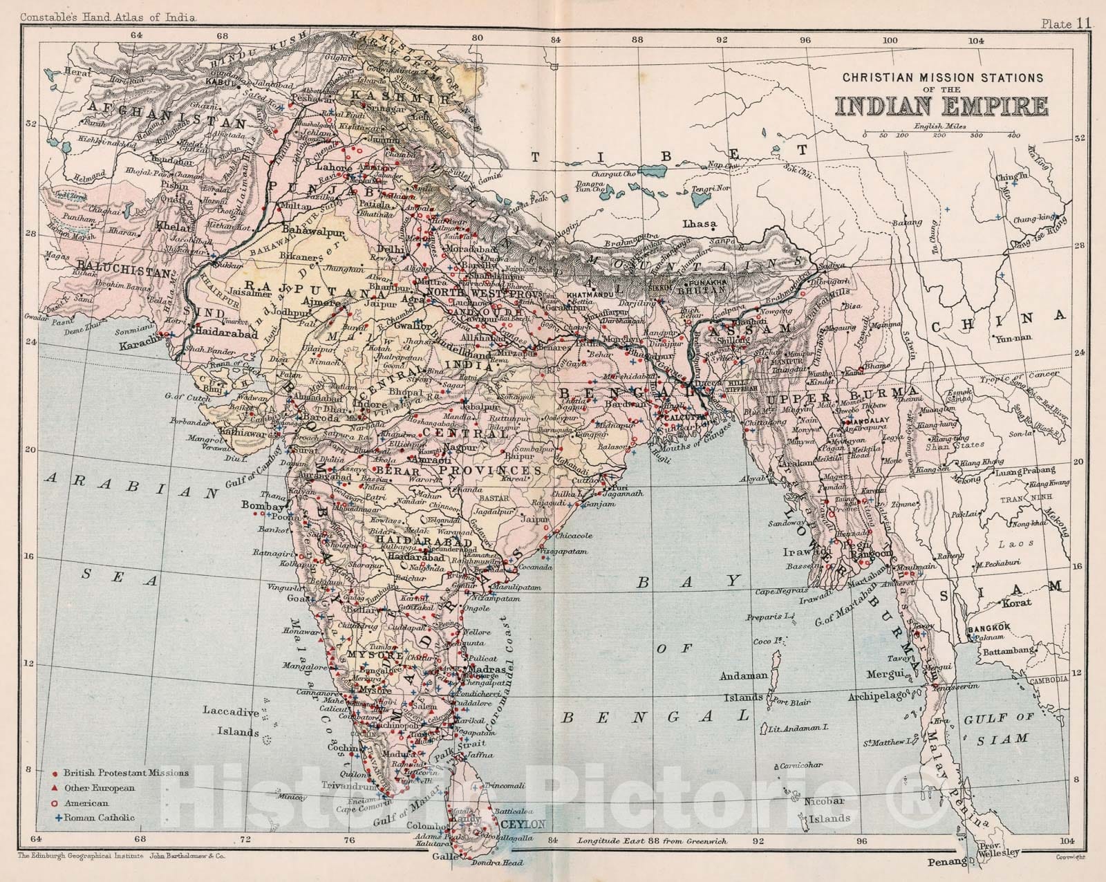 Historic Map : Christian Mission stations of the Indian Empire. Plate 11, 1893, Vintage Wall Decor