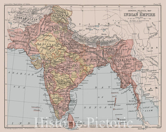 Historic Map : General political map of the Indian Empire. Plate 15, 1893, Vintage Wall Decor