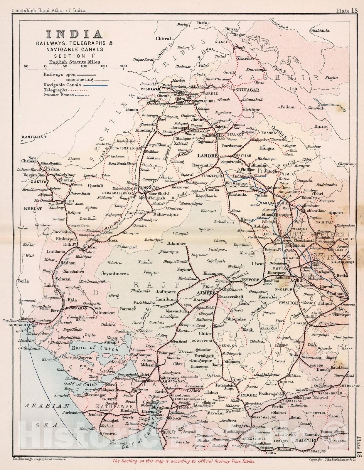 Historic Map : India : Railways, telegraphs, and navigable canals: Section I. Plate 18, 1893, Vintage Wall Decor