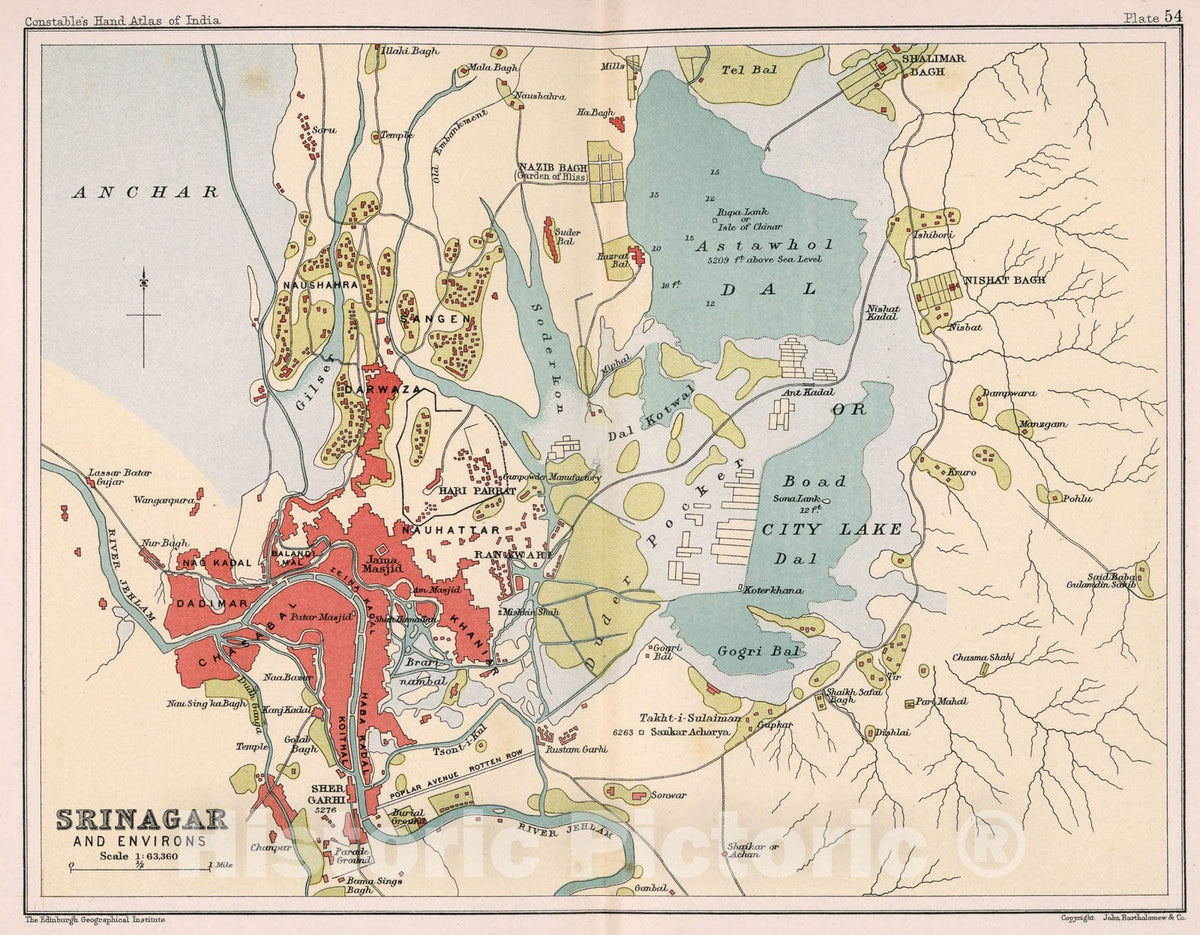 Historic Map : Srinagar and environs. Plate 54, 1893, Vintage Wall Decor