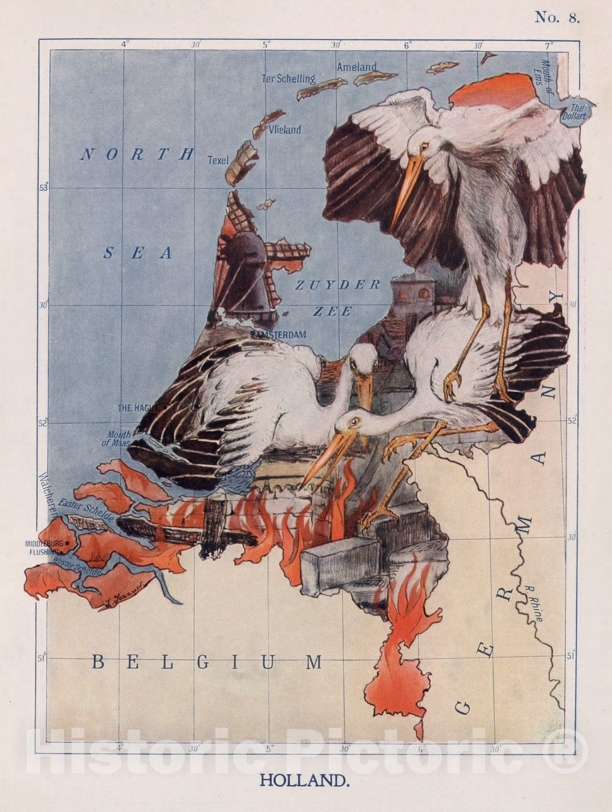 Historic Map : 8. Holland. The Stork-Mother Shelters her Little Ones in the Burning City., 1912, Vintage Wall Decor