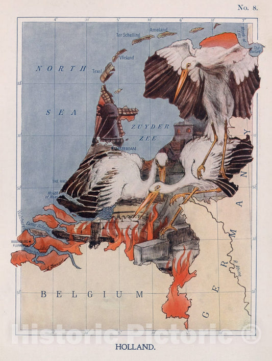 Historic Map : 8. Holland. The Stork-Mother Shelters her Little Ones in the Burning City., 1912, Vintage Wall Decor