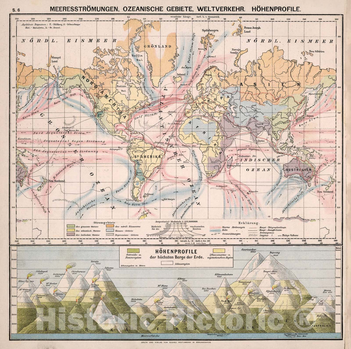 Historic Map : S6. Meeresstroemungen, Ozeanische Gebiete. Weltverkehr. Hoehenprofile., 1883, Vintage Wall Decor