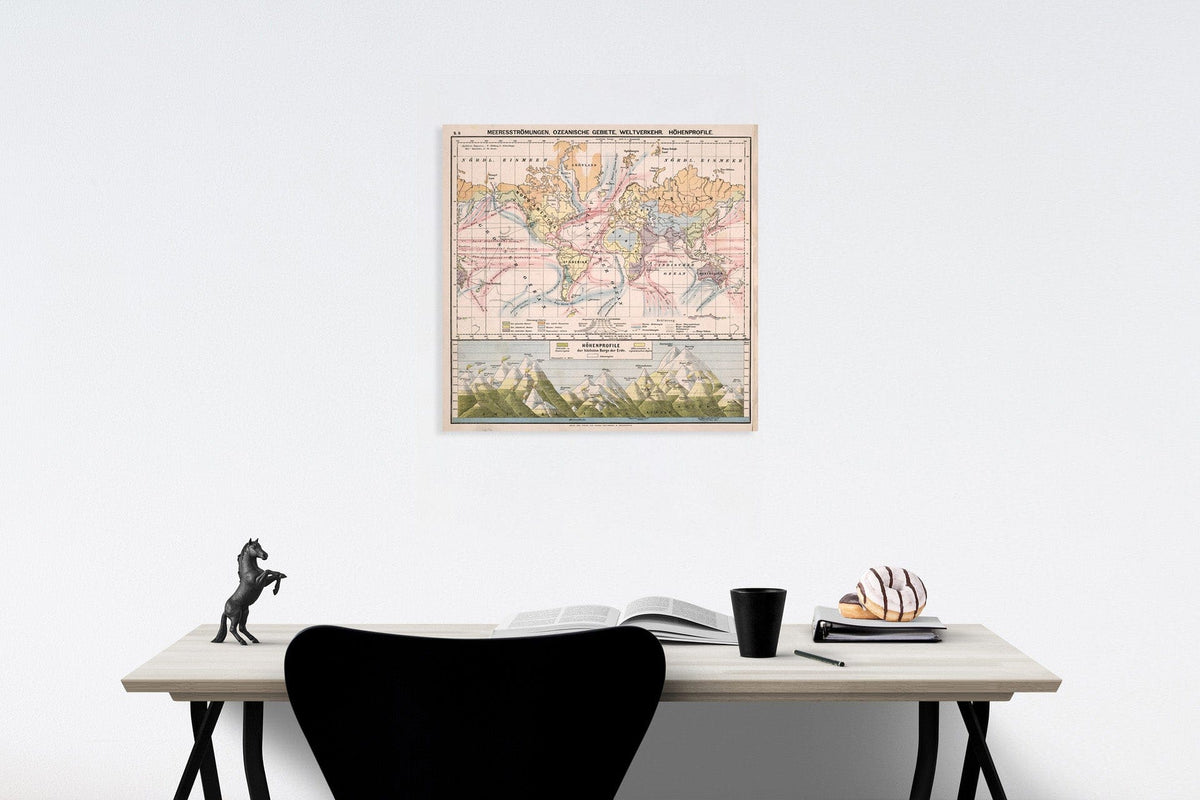 Historic Map : S6. Meeresstroemungen, Ozeanische Gebiete. Weltverkehr. Hoehenprofile., 1883, Vintage Wall Decor