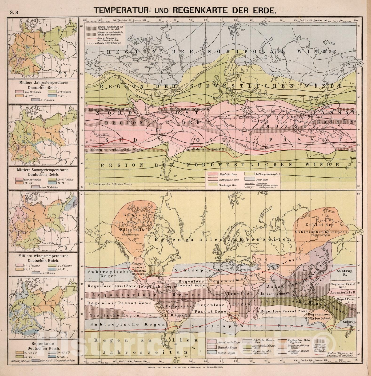 Historic Map : S8. Temperatur- und Regenkarte der Erde., 1883, Vintage Wall Decor
