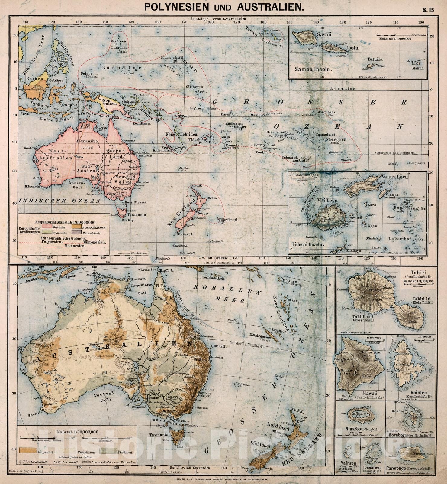 Historic Map : S15. Polynesien und Australien., 1883, Vintage Wall Decor