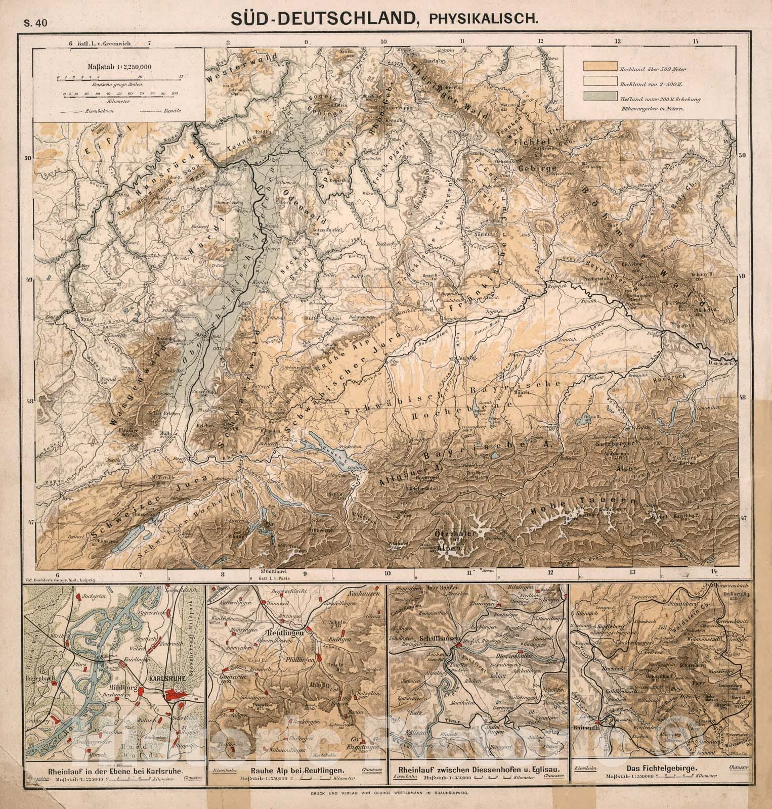 Historic Map : S40. Sued-Deutschland, Physikalisch., 1883, Vintage Wall Decor